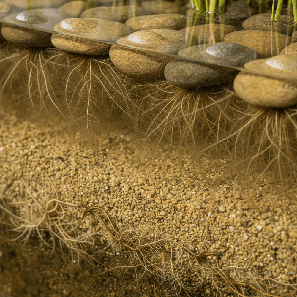 Détail d'un bassin de phytoépuration montrant les racines de roseaux et les couches de substrat filtrant pour le traitement naturel des eaux usées