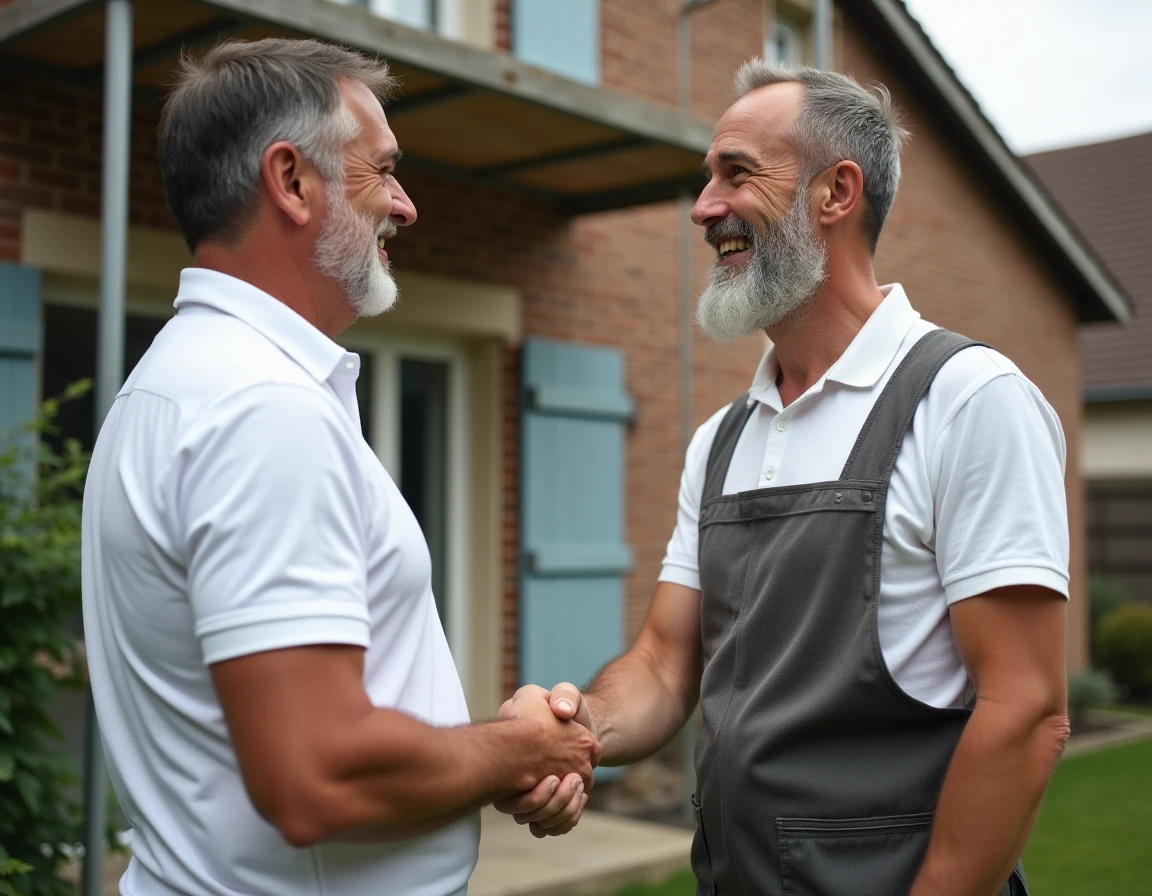 Propriétaire et artisan local se serrant la main devant une maison en rénovation avec échafaudage