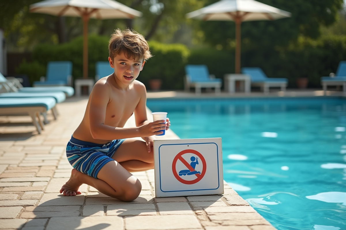 Adolescent en maillot de bain pose des cups et un panneau d
