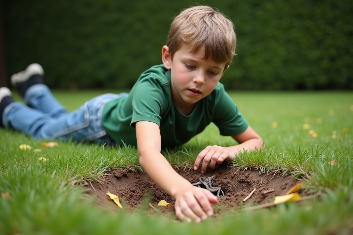 Adolescent examine un trou dans le sol du jardin