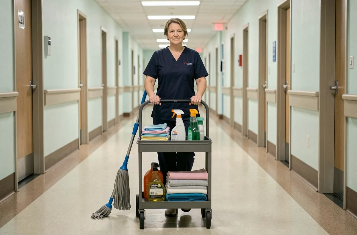 Agent d'entretien poussant un chariot de nettoyage professionnel dans un couloir d'hôpital