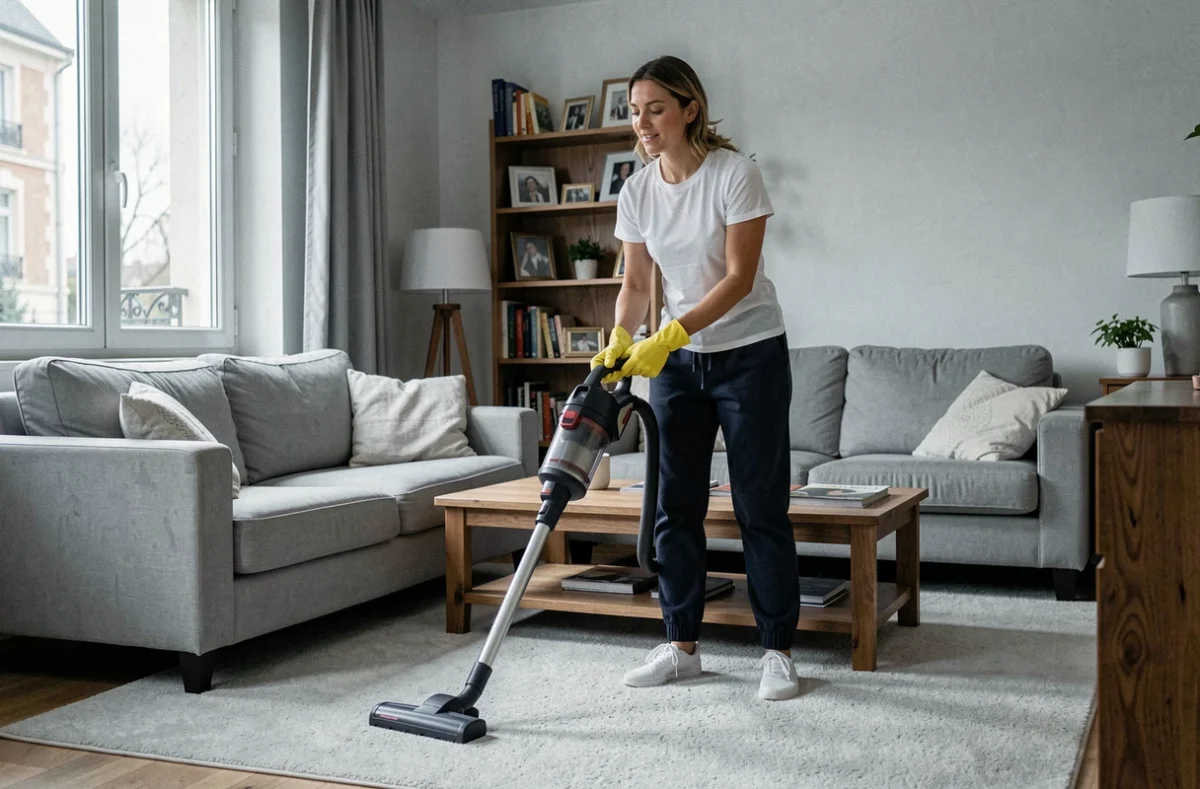 Aide ménagère passant l'aspirateur dans un salon d'appartement parisien