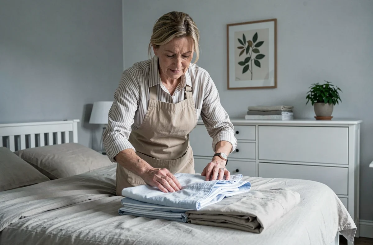 Aide ménagère pliant du linge propre sur un lit dans une maison familiale à Lyon