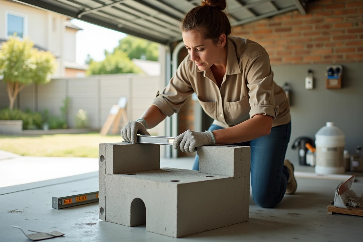 Femme alignant des blocs de béton cellulaire avec un niveau à bulle pour construire une base de meuble dans un garage