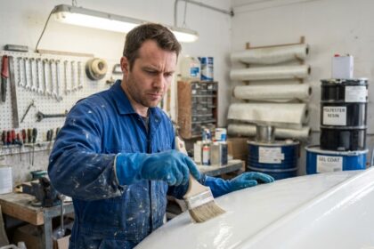 Artisan appliquant un gel coat polyester sur la coque d'un bateau en fibre de verre dans un atelier de réparation nautique