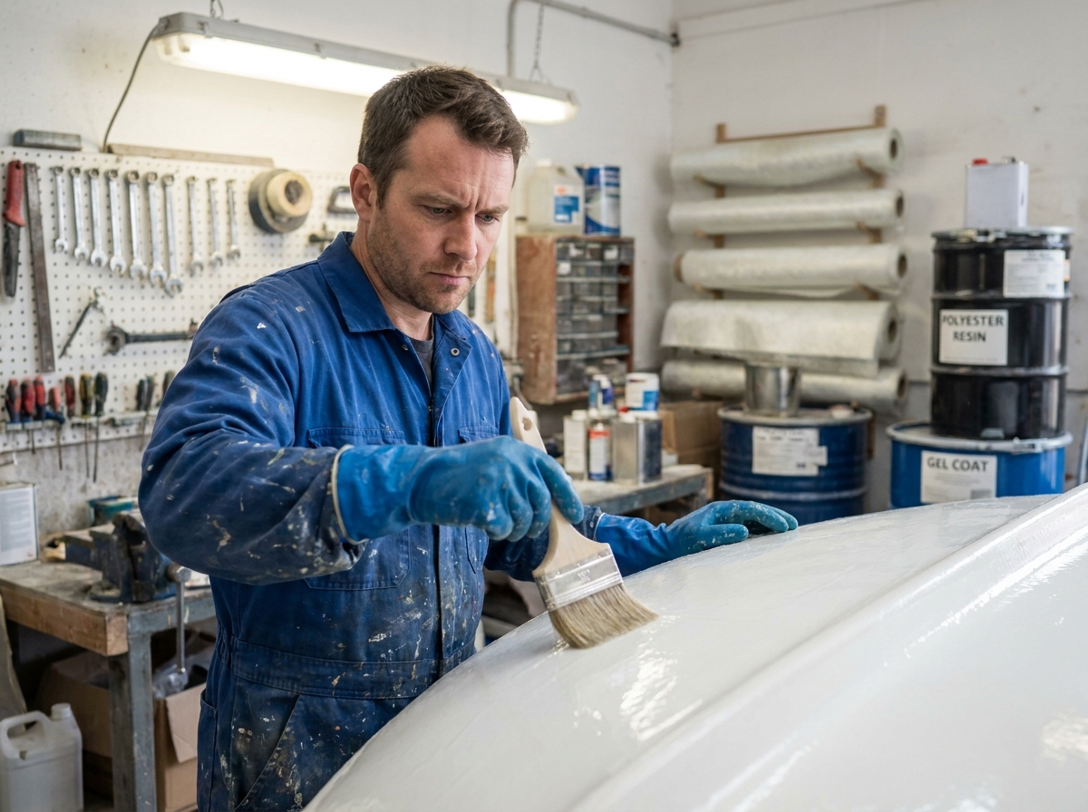 Artisan appliquant un gel coat polyester sur la coque d'un bateau en fibre de verre dans un atelier de réparation nautique