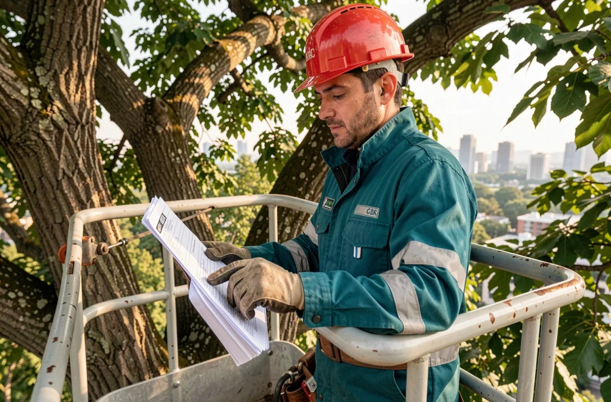 Arboriste en nacelle girafe consultant ses notes au cœur de la canopée pour un élagage précis