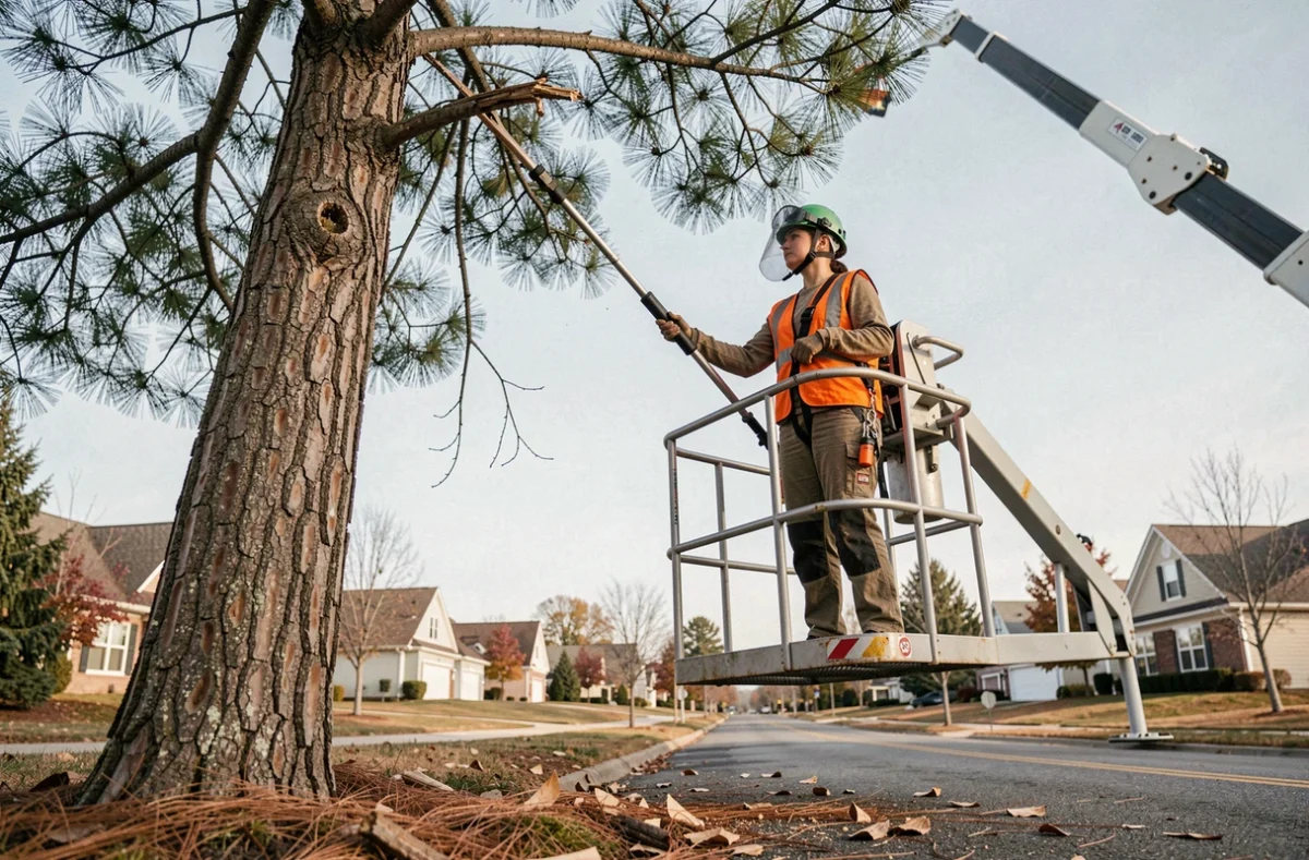 Arboriste féminine en nacelle girafe élagant un grand pin au bord d'une rue résidentielle