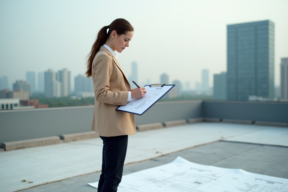 Jeune architecte examinant des plans sur un toit moderne