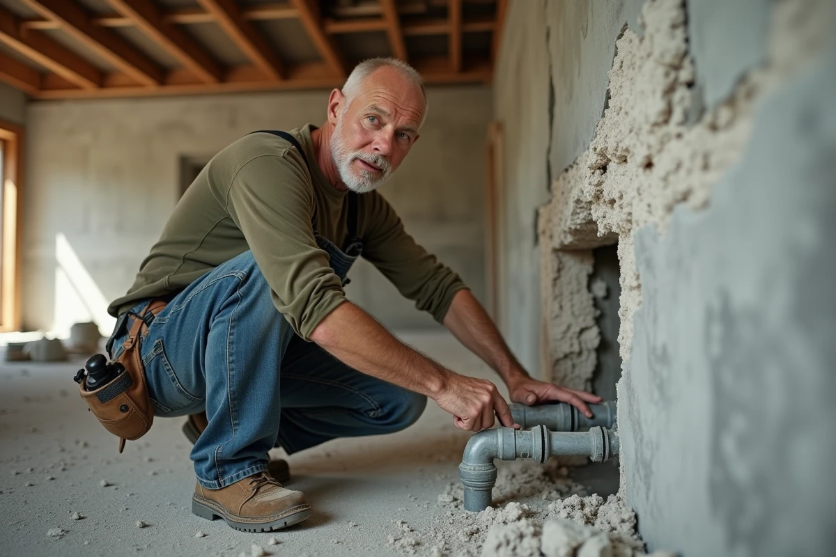 Artisan en train d'inspecter des tuyaux apparents lors d'une rénovation intérieure pour anticiper les surcoûts cachés