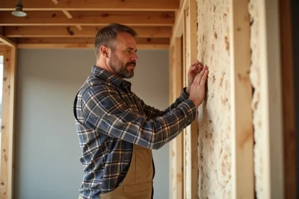 Artisan homme installant des panneaux isolants écologiques