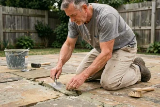 Artisan appliquant un mortier chaux sable dans les joints d'une terrasse en pierre naturelle avec une truelle à joint