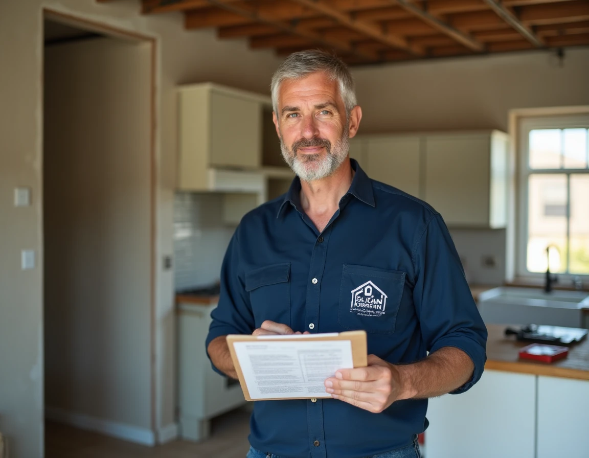 Artisan local en chemise de travail consultant un devis papier dans une cuisine en rénovation