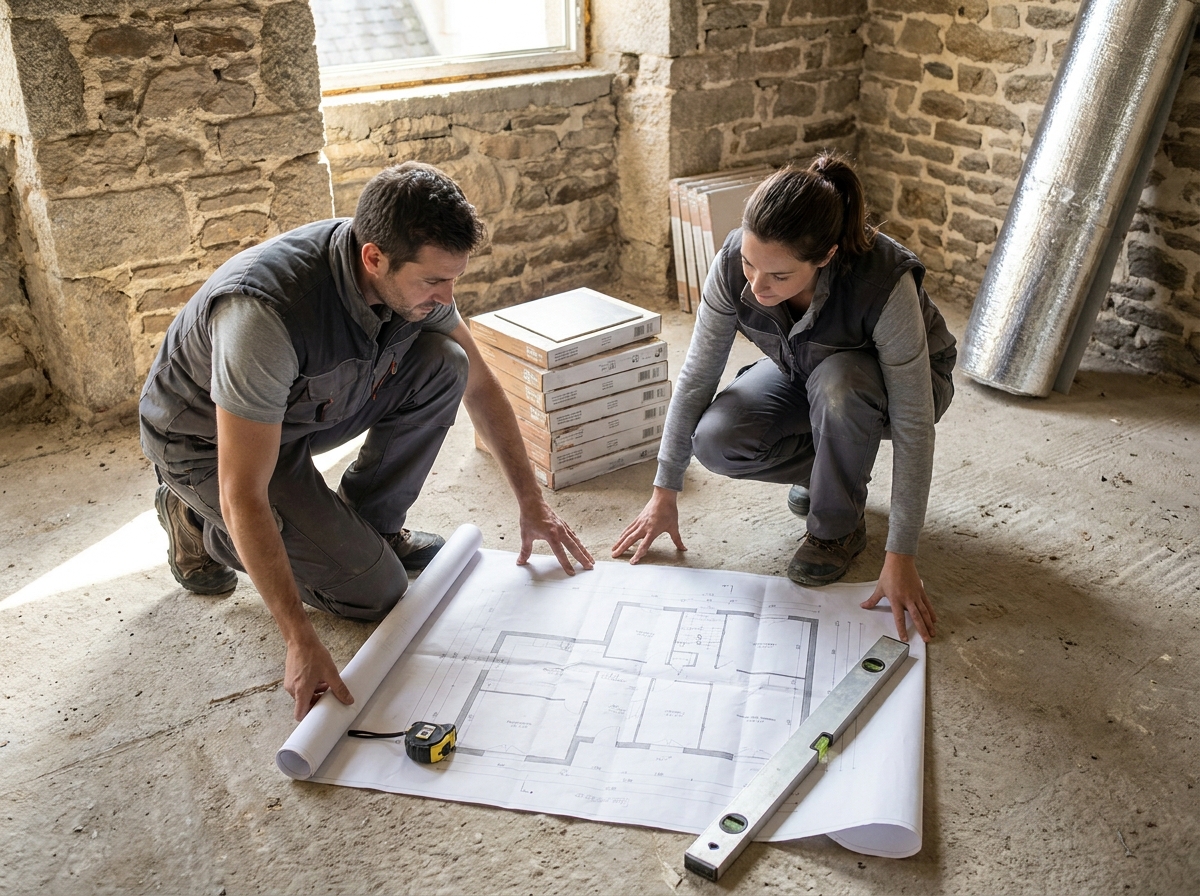 Deux artisans examinant un plan architectural sur le sol d'une maison en rénovation à Rennes avec des murs en pierre apparente