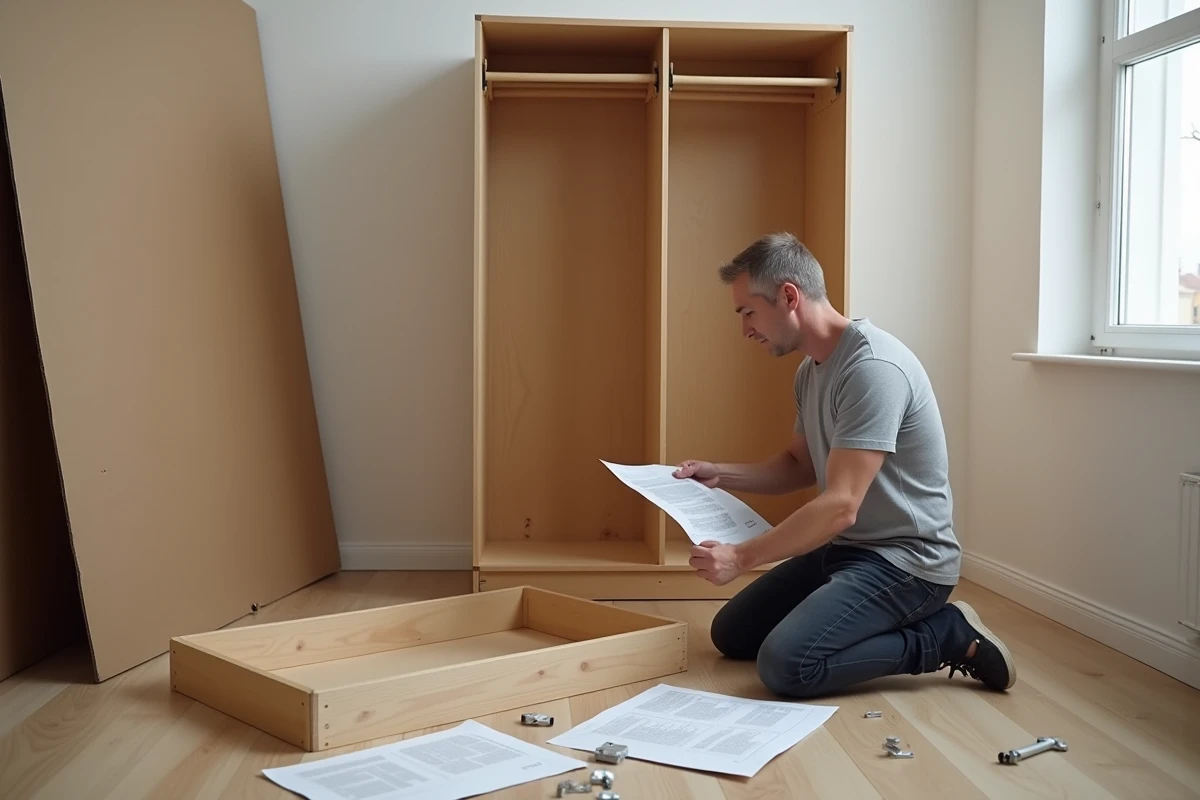 Homme assemblant une penderie en kit sur le sol avec instructions et quincaillerie autour de lui