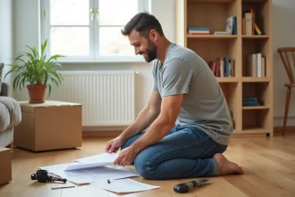 Homme d'âge moyen assemble un meuble dans un salon lumineux
