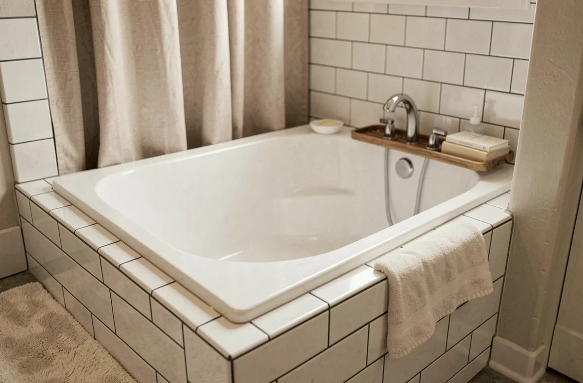 Baignoire encastrée de 180 cm avec robinetterie chromée et porte-bain en acier dans une salle de bain familiale carrelée