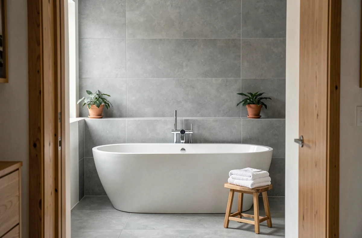 Baignoire familiale autoportante blanche de 170 cm dans une salle de bain moderne avec carrelage gris et accessoires en bois