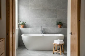 Baignoire familiale autoportante blanche de 170 cm dans une salle de bain moderne avec carrelage gris et accessoires en bois