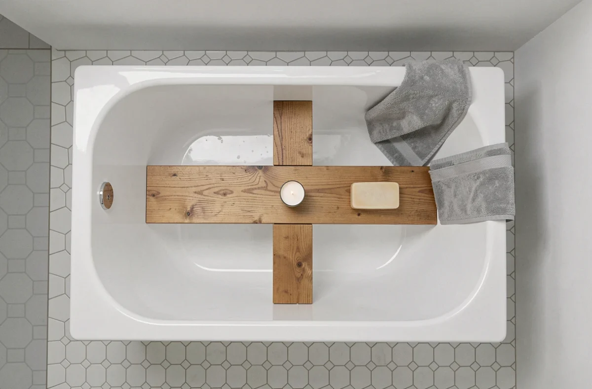 Vue du dessus d'une baignoire rectangulaire standard de 160 à 170 cm avec plateau en bois et serviette grise sur carrelage hexagonal