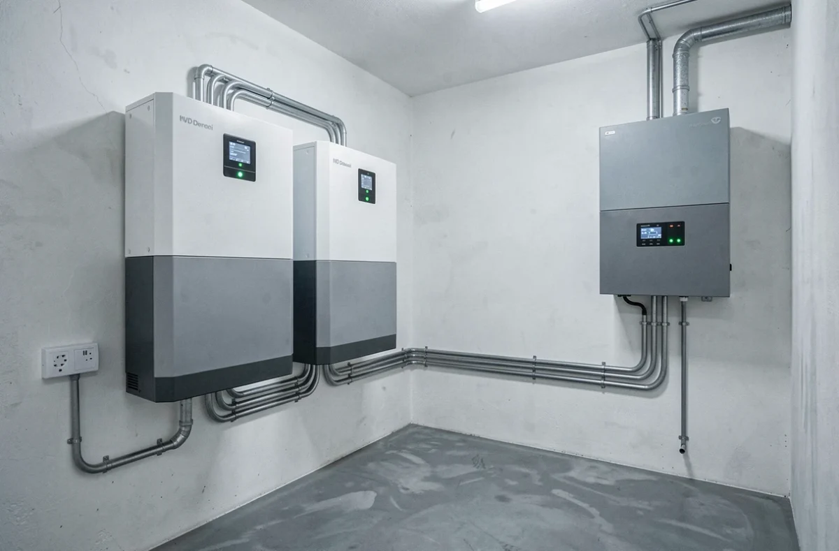Système de stockage d'énergie solaire avec batteries lithium montées au mur dans une salle technique résidentielle moderne