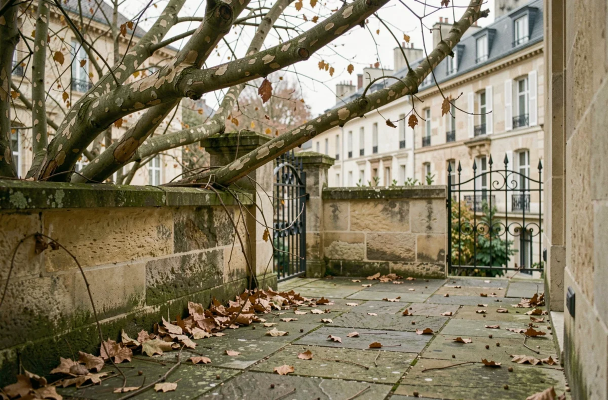 Branches d'arbre dépassant par-dessus un mur mitoyen et empiétant sur la terrasse du voisin dans un quartier résidentiel français