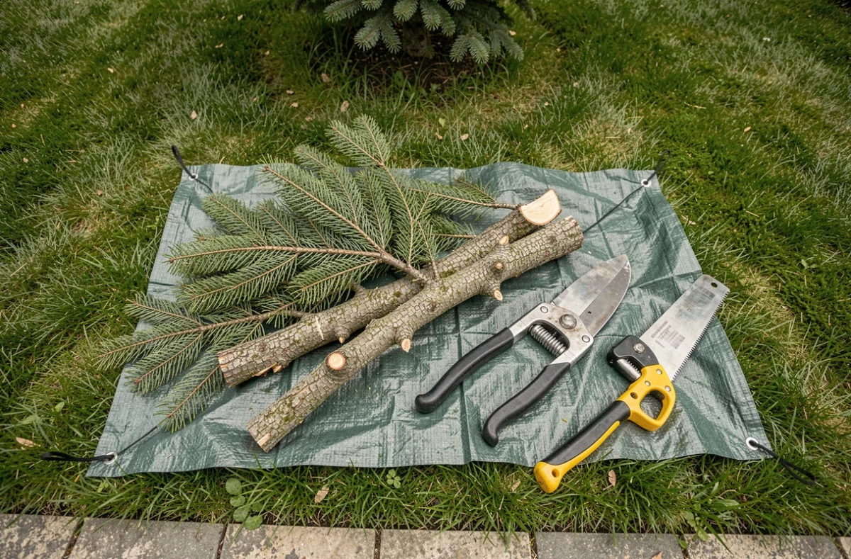 Branches de sapin fraîchement élaguées avec des outils d'élagage professionnels posés sur une bâche dans un jardin