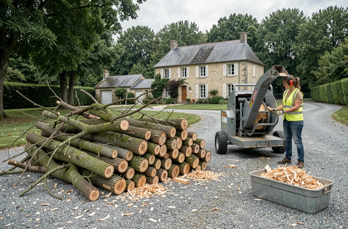 Élagueuse utilisant un broyeur de branches après une opération d'élagage dans une propriété du Médoc