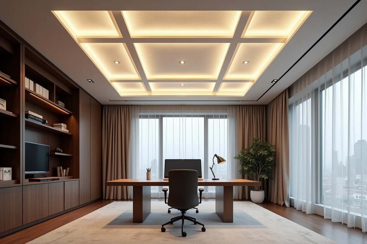 Bureau à domicile avec plafond tendu blanc et points LED en grille géométrique au-dessus d'un espace de travail minimaliste