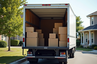 Camion de déménagement résidentiel avec meubles et cartons