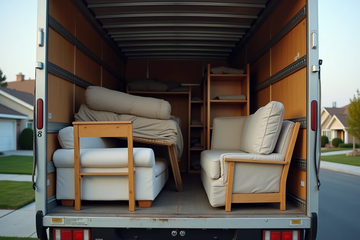 Intérieur d'un camion de déménagement bien organisé avec des meubles emballés et arrimés par des sangles de sécurité pour un transport sans dommages