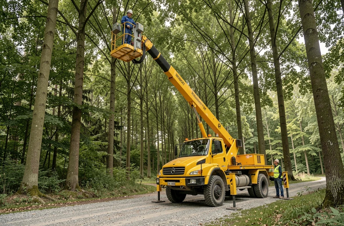 Camion nacelle girafe déployé sur une route forestière pour l'élagage de platanes