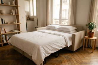 Canapé convertible déplié en lit dans un petit studio parisien avec parquet en chevron et bibliothèque en bois