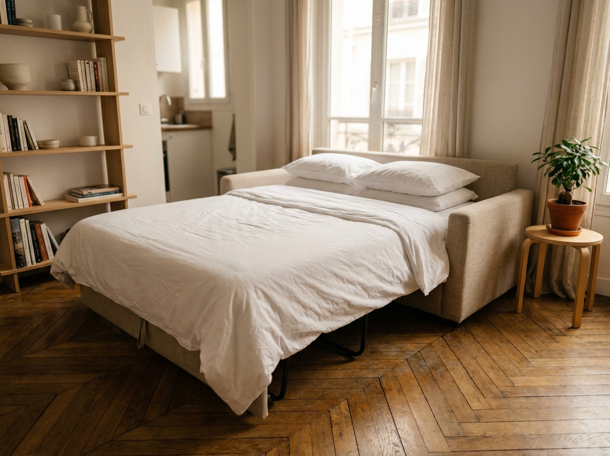 Canapé convertible déplié en lit dans un petit studio parisien avec parquet en chevron et bibliothèque en bois