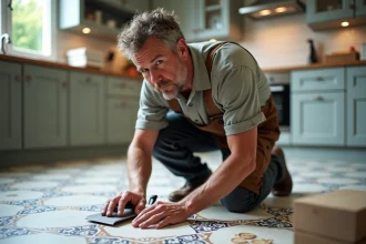 Carreleur posant des carreaux de cuisine avec précision