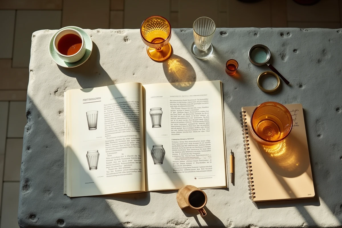 Catalogue Portieux et pièces de verre pressé en flat lay sur table en pierre