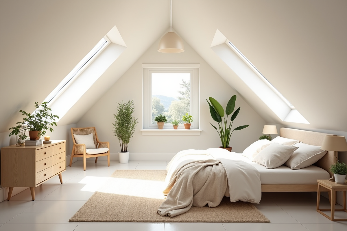 Chambre en attic avec puits de lumière et plantes d