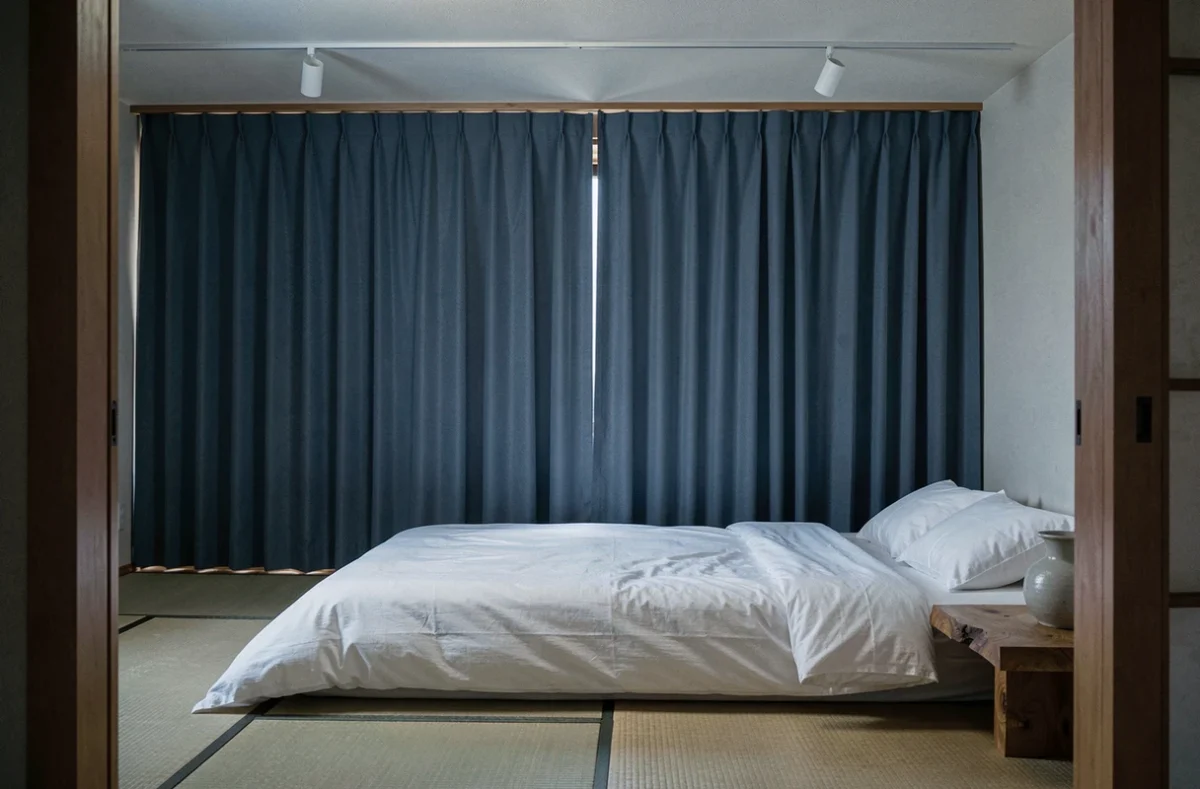Chambre japonisante avec rideaux occultants bleu ardoise sur rail encastré au plafond et futon blanc