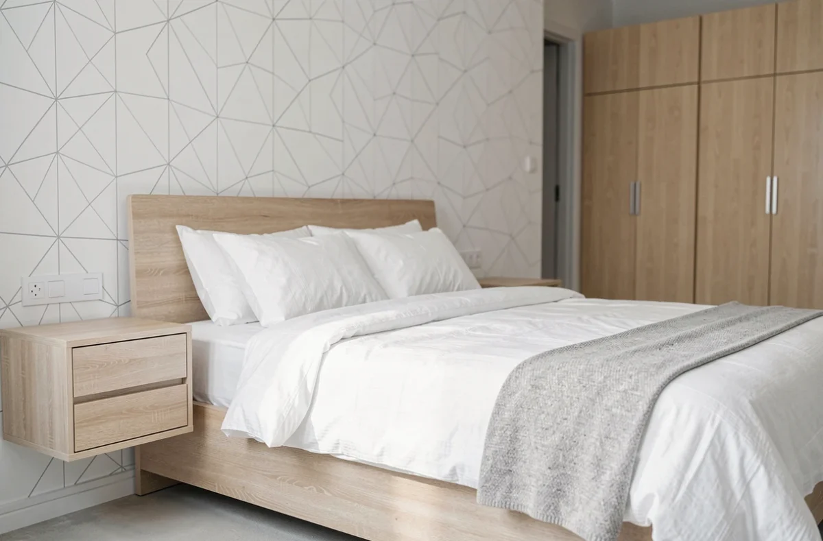 Chambre minimaliste avec papier peint blanc géométrique et mobilier en bois de frêne clair pour une ambiance spacieuse