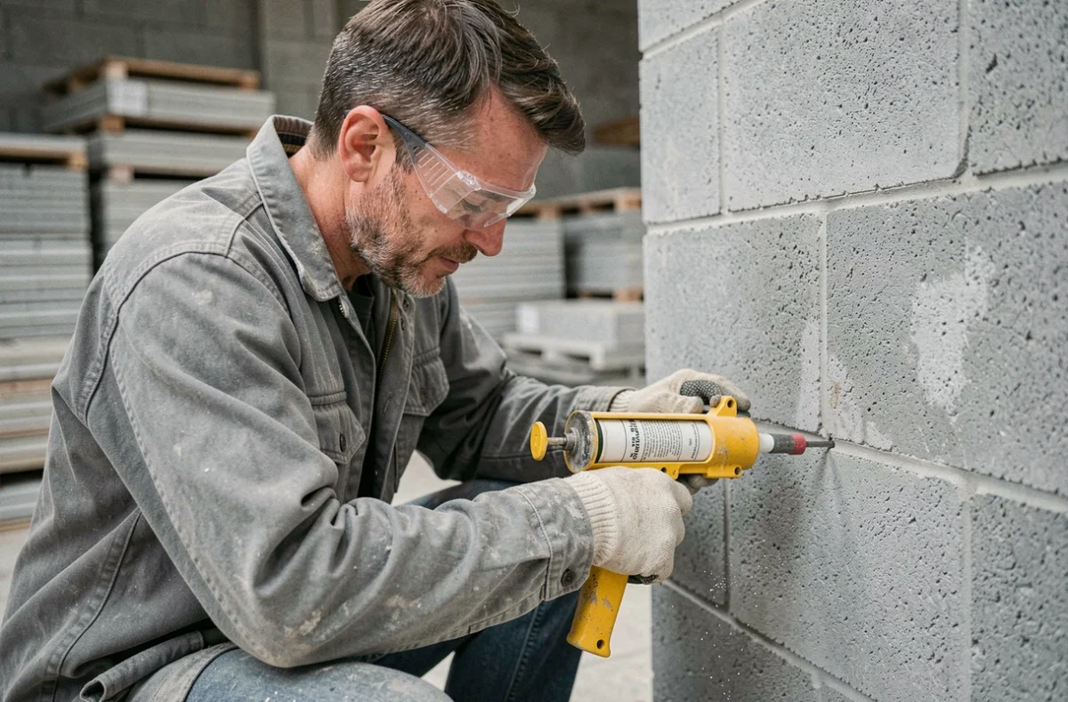 Artisan utilisant une cheville chimique sur un mur en parpaing creux lors d'un chantier de construction intérieur