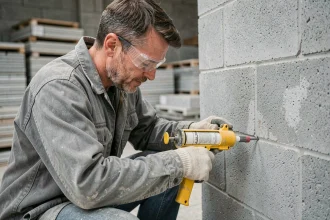 Artisan utilisant une cheville chimique sur un mur en parpaing creux lors d'un chantier de construction intérieur