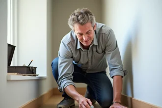Homme examinant différents types de chevilles murales posées sur un parquet en bois, choisissant la fixation adaptée à son mur en plâtre