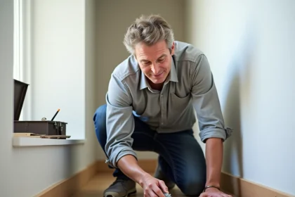 Homme examinant différents types de chevilles murales posées sur un parquet en bois, choisissant la fixation adaptée à son mur en plâtre