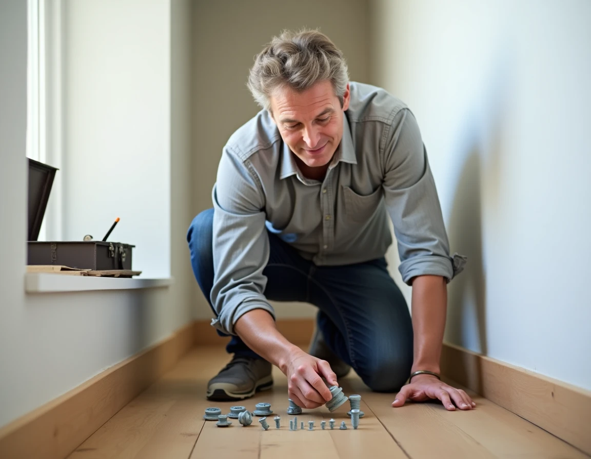 Homme examinant différents types de chevilles murales posées sur un parquet en bois, choisissant la fixation adaptée à son mur en plâtre