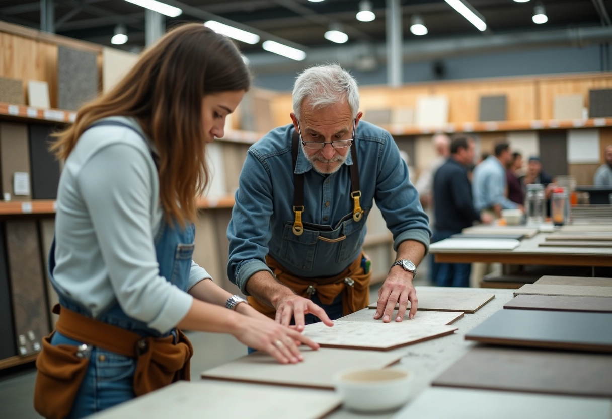 Femme discutant options de carrelage avec un artisan dans un magasin