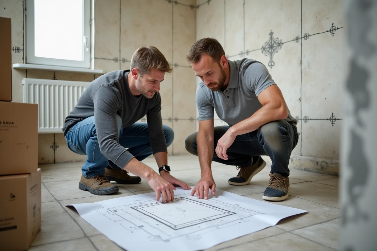 Propriétaire et artisan carreleur étudiant ensemble les plans d'une rénovation de salle de bain pour optimiser les coûts travaux