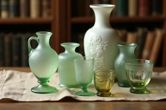 Collection de verrerie Portieux ancienne avec carafes et verres en verre pressé sur table en chêne