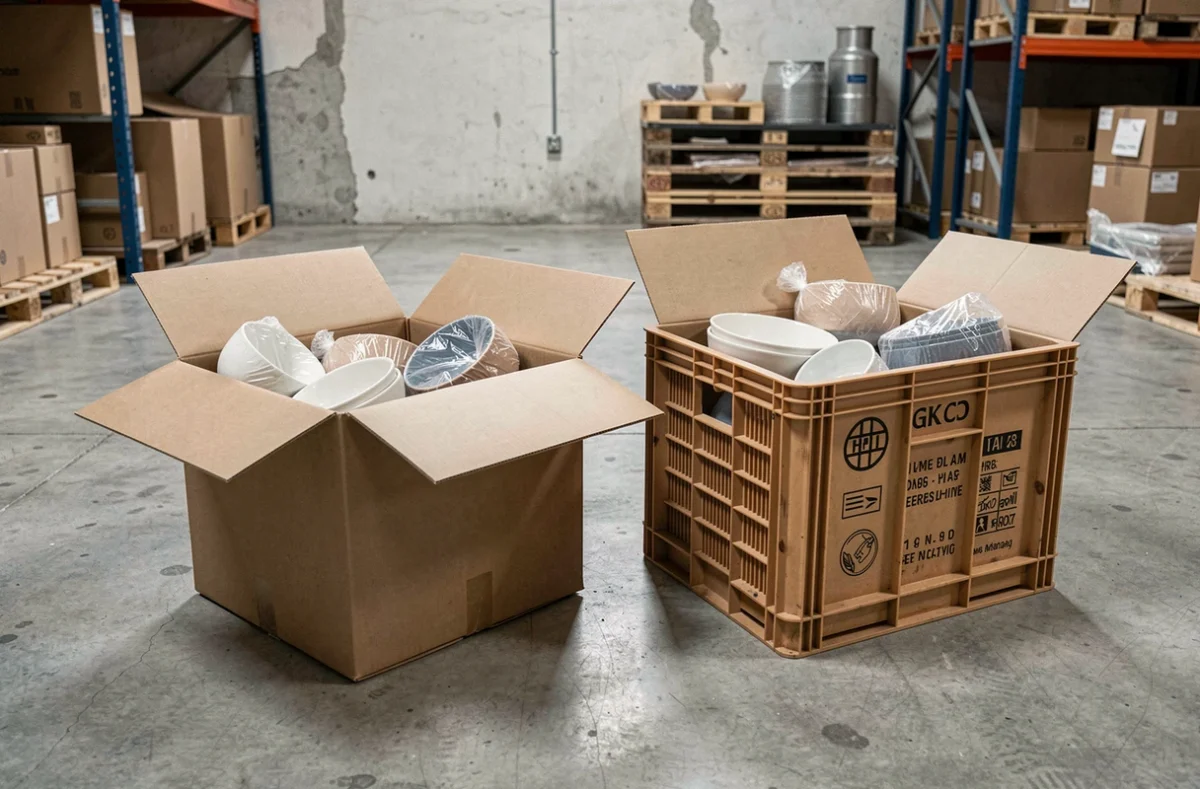 Comparaison entre un carton standard et une caisse renforcée pour le transport de vaisselle fragile