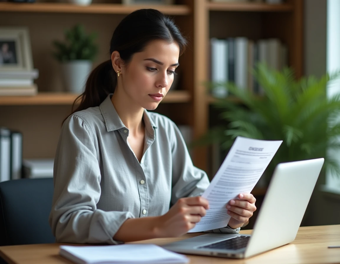 Femme comparant des devis de travaux en ligne et sur papier à son bureau à domicile