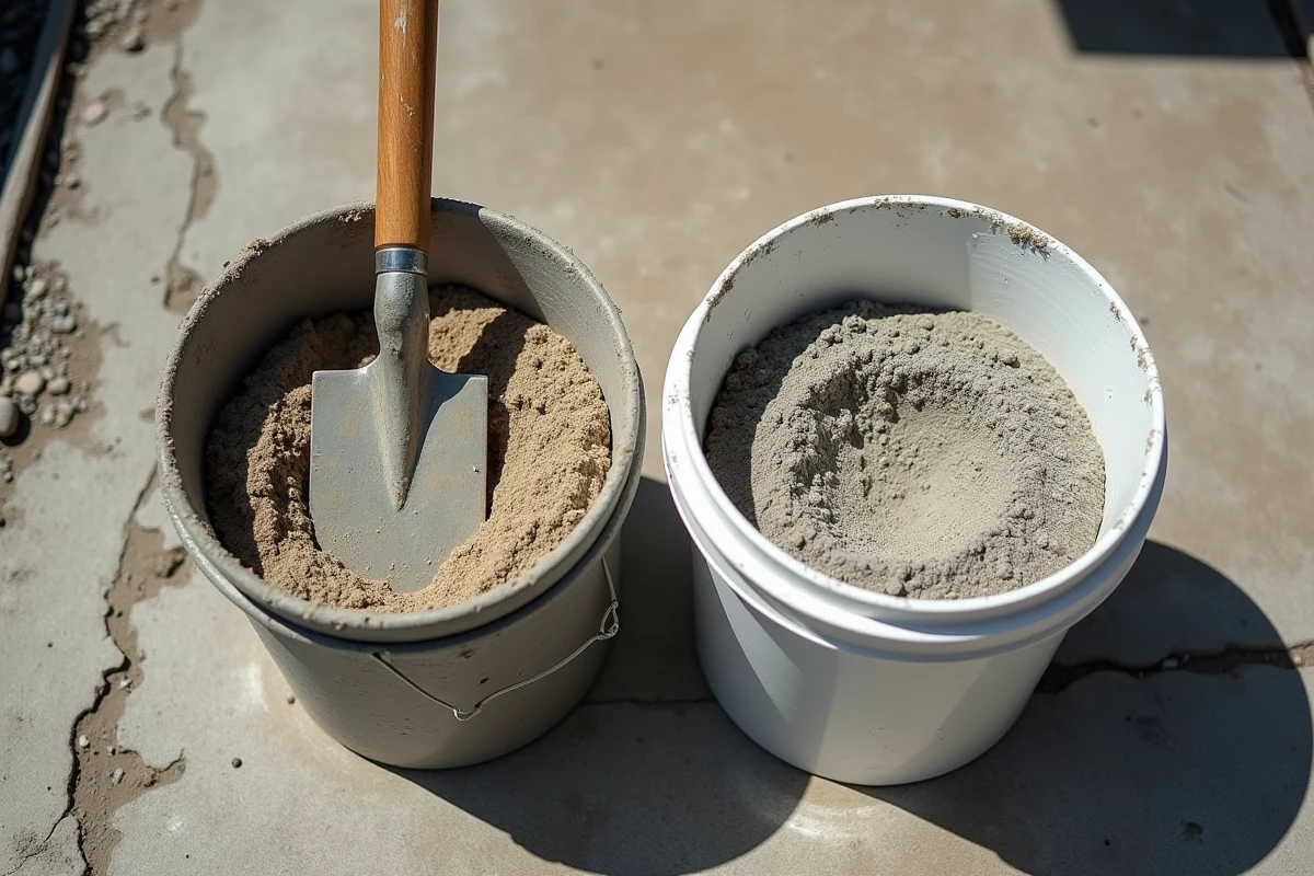Comparaison dosage béton pelle et seau côte à côte sur un chantier extérieur, choix de méthode pour particuliers